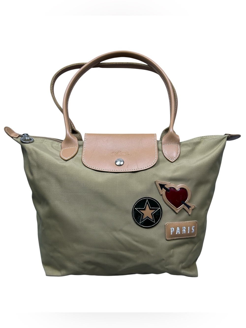 Longchamp Le Pliage Medium Tote Handbag Fawn Nylon Canvas Gold Paris Heart Patch